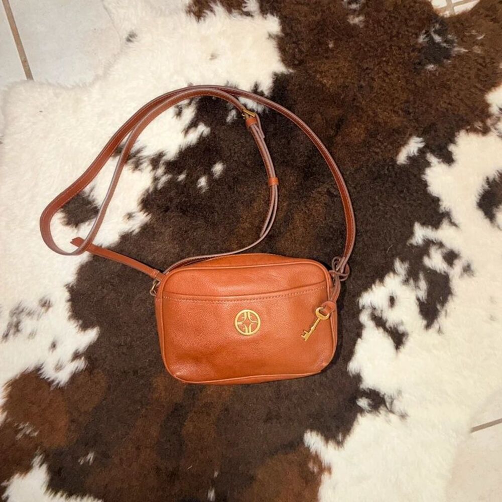 Fossil Brennon Cognac Brown Leather Camera Bag Crossbody Purse